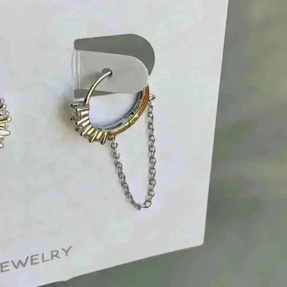 Diamond Paved Silver Huggie Hoop Chain Earrings - Picture 2 of 4